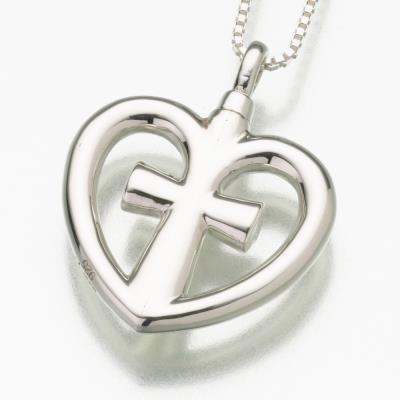 14K white gold cross and heart cremation pendant necklace